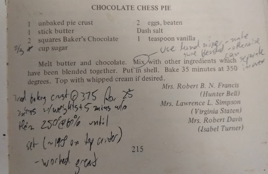 Basic recipe: Melt 1 stick butter and 2oz unsweetened chocolate. Blend 2 eggs and ⅔ c sugar, then mix well with butter/chocolate. Pour into pie shell and bake 35 minutes at 350 degrees. 